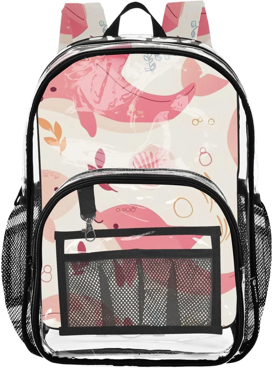 Cute Dolphin Clear Plastic Backpack - Transparent PVC Heavy Duty Bag with Large Main Pocket and Mesh Pockets - Ideal for School, Travel, Outings - Clear Backpack for Everyday Use
