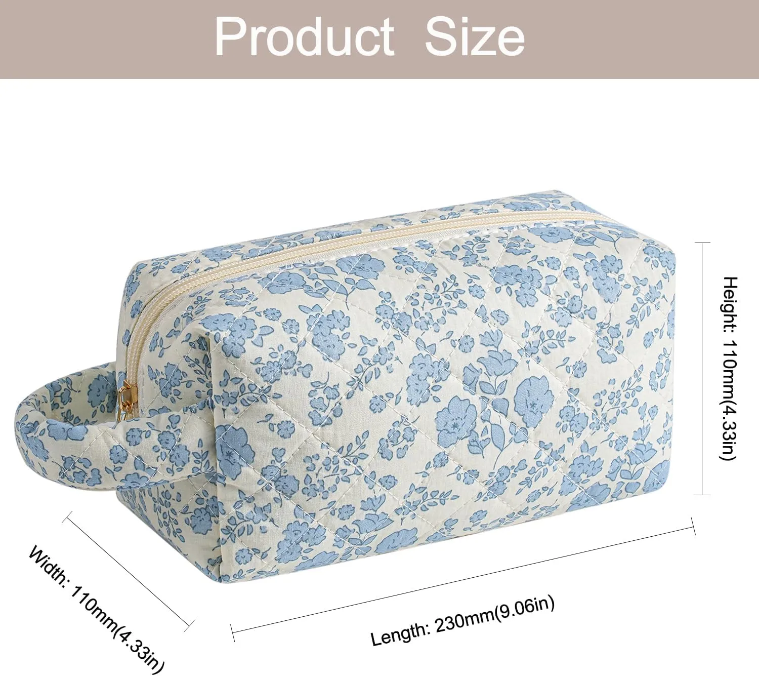 Cute Floral Makeup Bag with Handle, Travel Make Up Bag Cosmetic Bag for Women, Zipper Toiletry Pouch Essentials (Blue Floral)