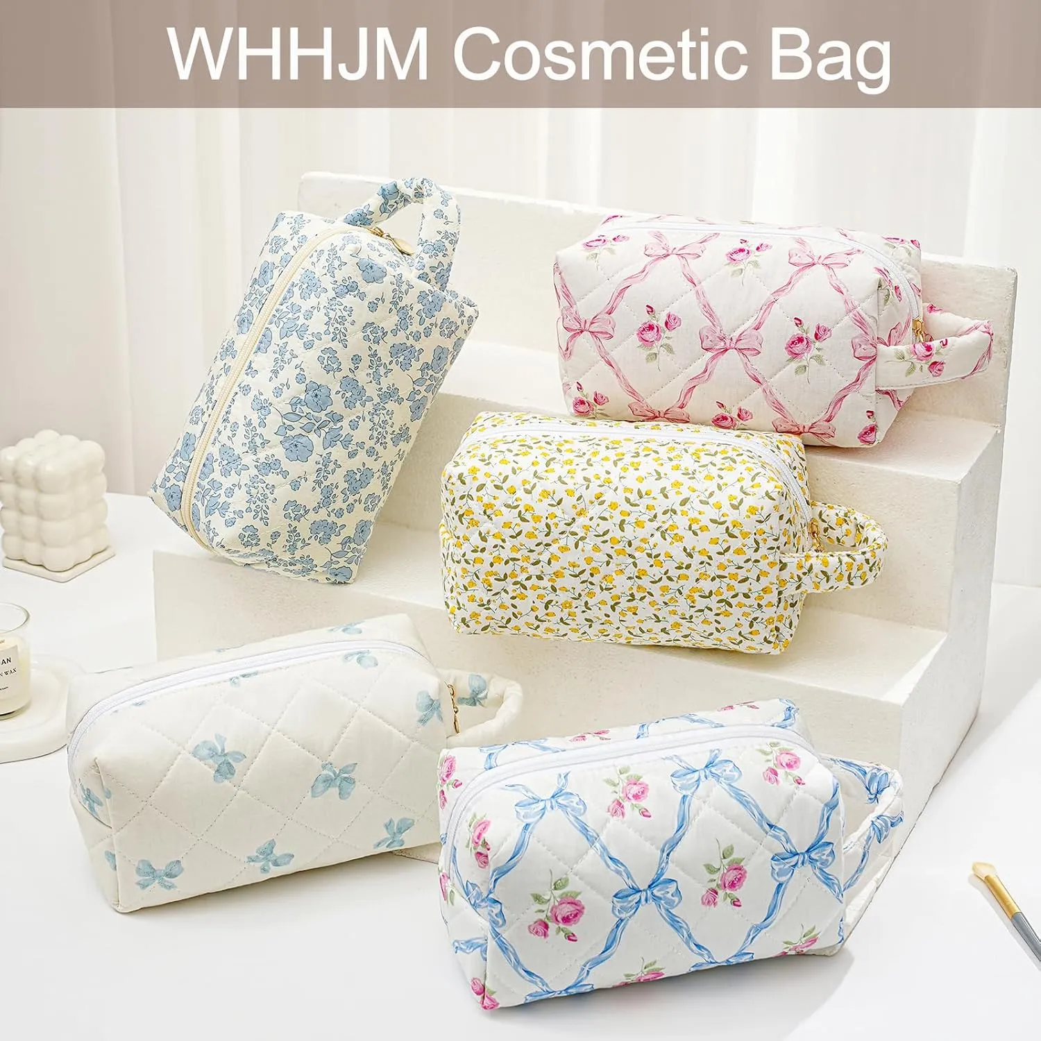 Cute Floral Makeup Bag with Handle, Travel Make Up Bag Cosmetic Bag for Women, Zipper Toiletry Pouch Essentials (Blue Floral)