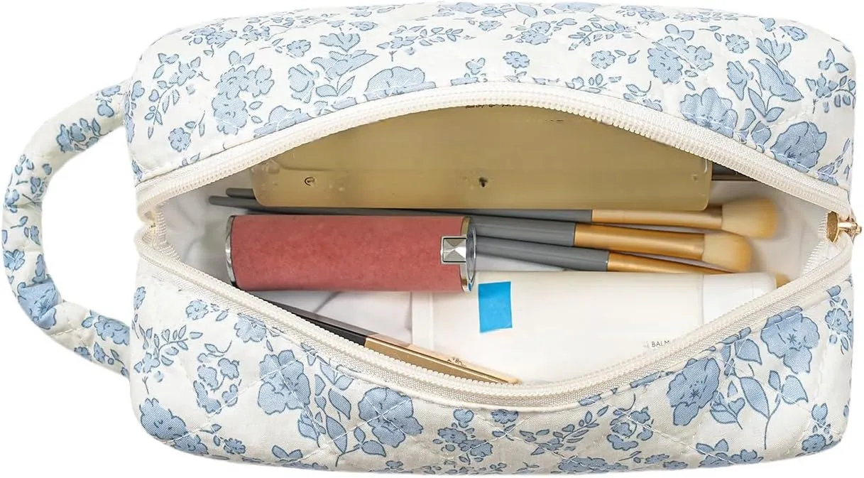 Cute Floral Makeup Bag with Handle, Travel Make Up Bag Cosmetic Bag for Women, Zipper Toiletry Pouch Essentials (Blue Floral)