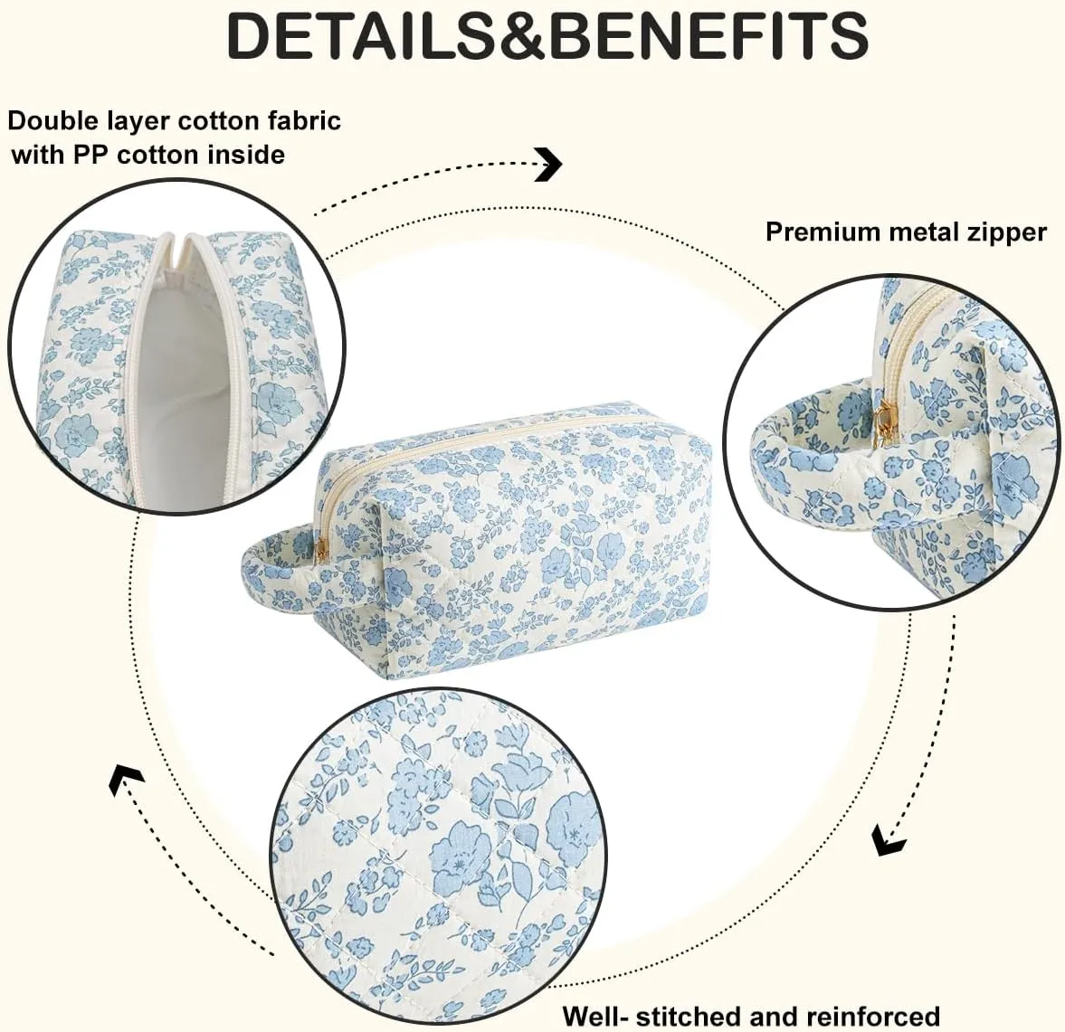 Cute Floral Makeup Bag with Handle, Travel Make Up Bag Cosmetic Bag for Women, Zipper Toiletry Pouch Essentials (Blue Floral)