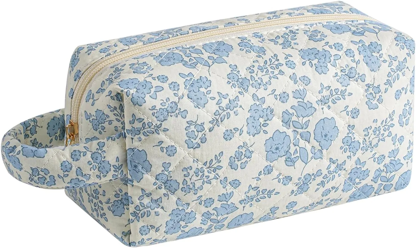 Cute Floral Makeup Bag with Handle, Travel Make Up Bag Cosmetic Bag for Women, Zipper Toiletry Pouch Essentials (Blue Floral)