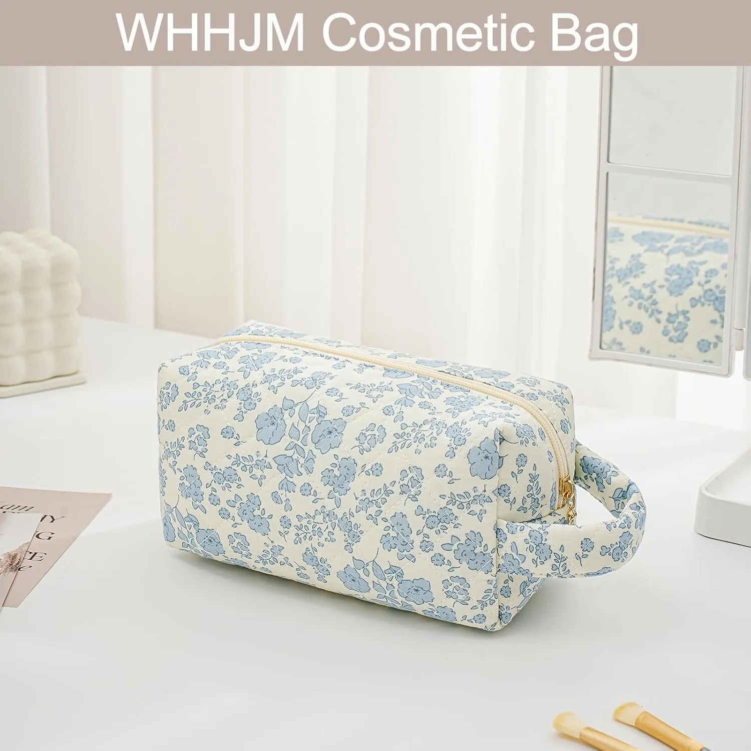 Cute Floral Makeup Bag with Handle, Travel Make Up Bag Cosmetic Bag for Women, Zipper Toiletry Pouch Essentials (Blue Floral)