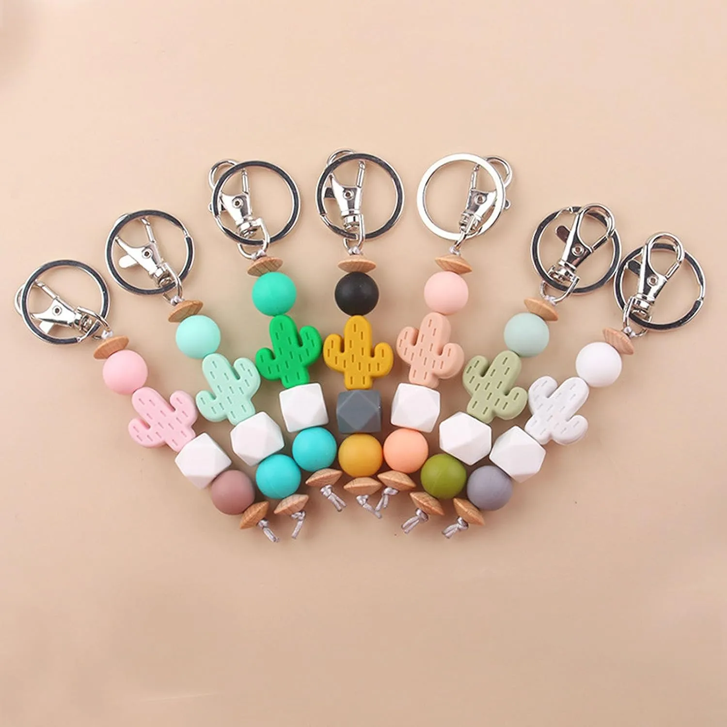 Cute Keychain for Women Cactus Elastic Silicone Beaded Key Ring for Car Keys Purses Charm Key Chain Key Holder