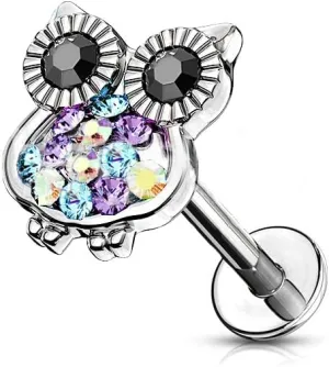 Cute Owl Labret Monroe Stud for Women Men Unisex 361L Surgical Stainless Steel Cubic Zirconia Colorful Crystal Bird Animal Cartilage Tragus Nose Helix Studs Earrings Hypoallergenic Body Piercing Jewelry Christmas Birthday Gifts
