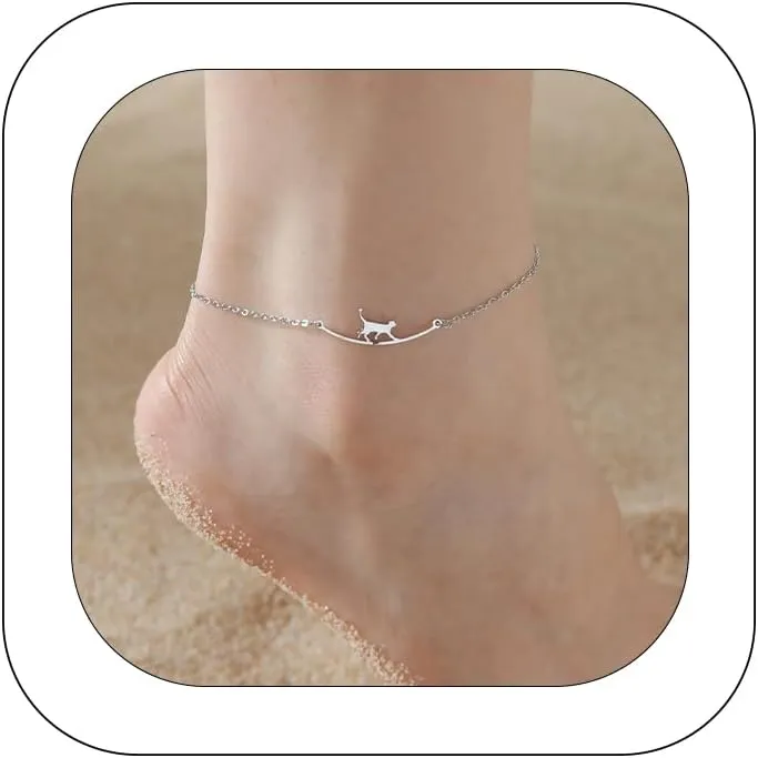 Cute Walking Cat Anklets for Women Accessories Foot Stainless Steel Anklets Animal Ankle Bracelets Fashion Beach Jewelry for Girls Cat Lovers