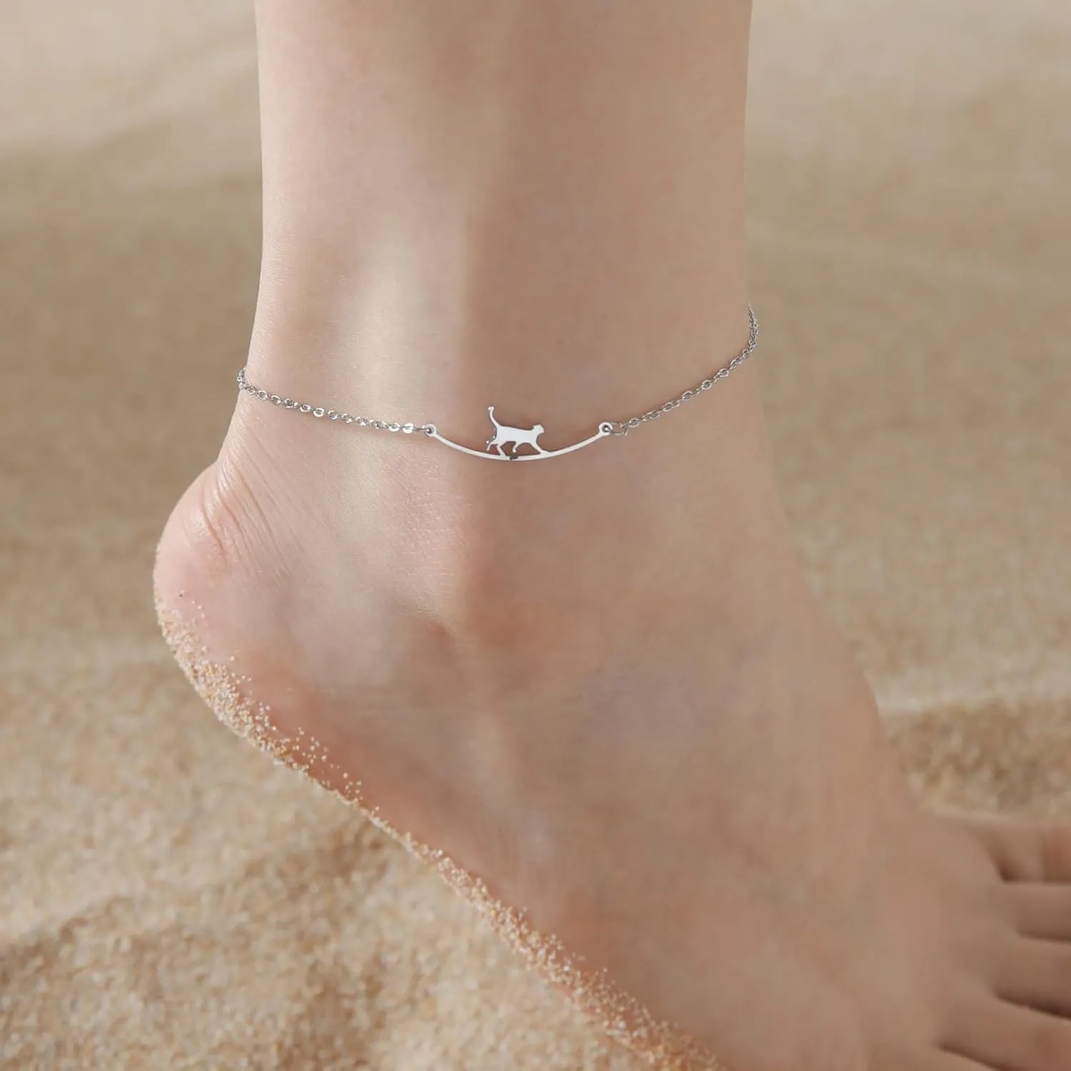 Cute Walking Cat Anklets for Women Accessories Foot Stainless Steel Anklets Animal Ankle Bracelets Fashion Beach Jewelry for Girls Cat Lovers