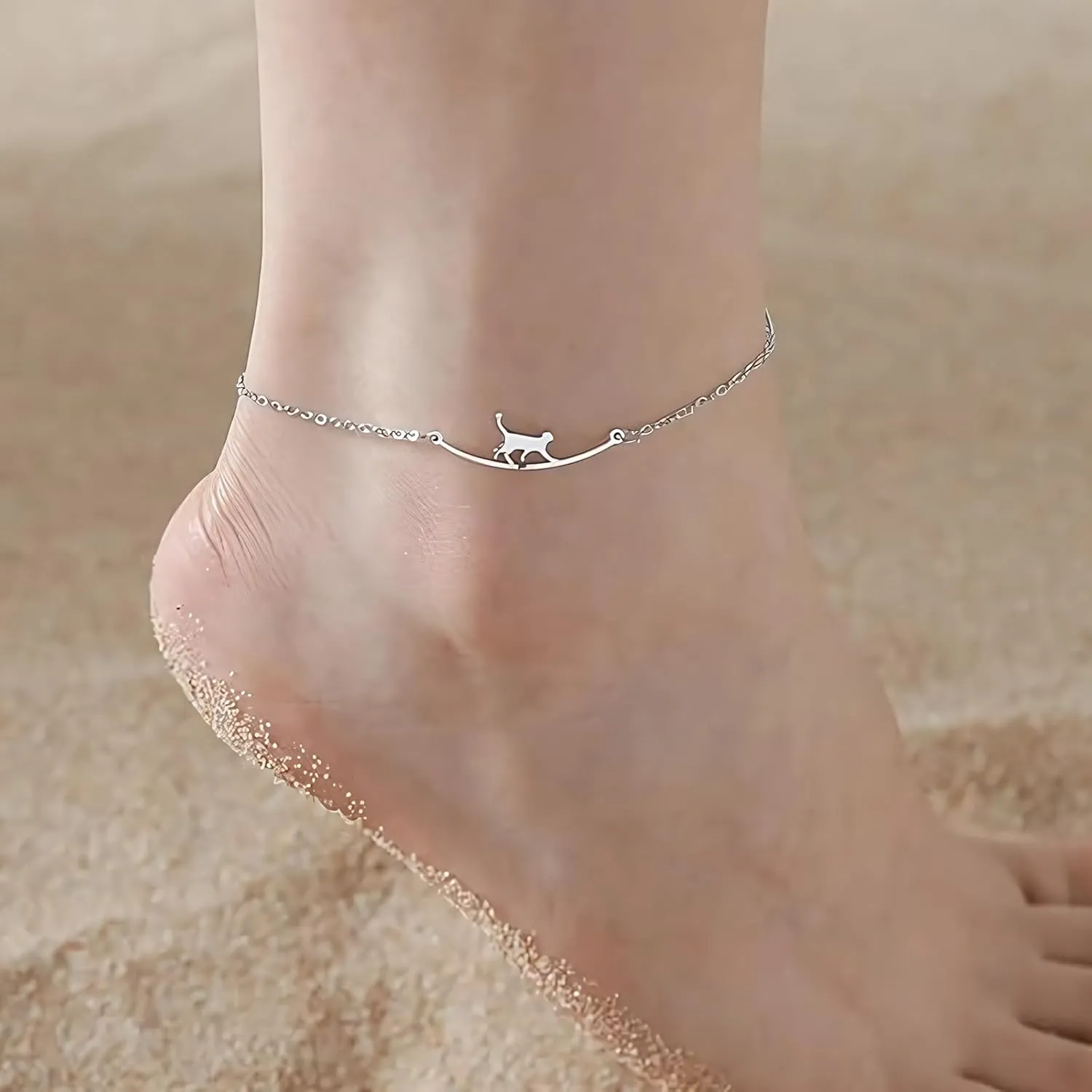 Cute Walking Cat Anklets for Women Stainless Steel Anklets Kitten Animal Ankle Bracelets Fashion Beach Accessories Foot Jewelry for Gis Cat Lovers
