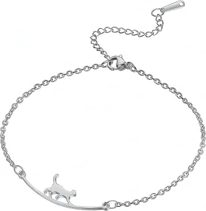 Cute Walking Cat Anklets for Women Stainless Steel Anklets Kitten Animal Ankle Bracelets Fashion Beach Accessories Foot Jewelry for Gis Cat Lovers