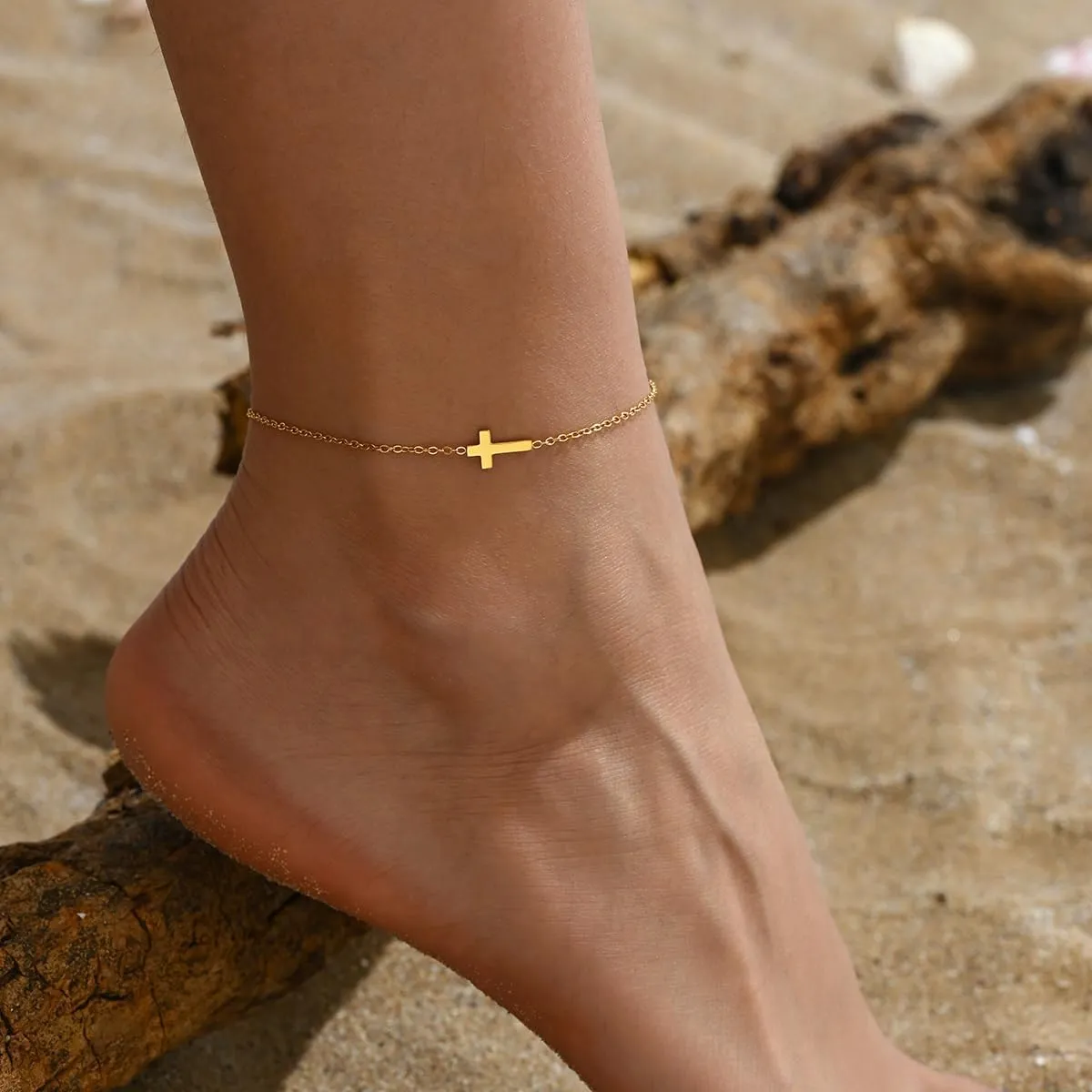 Dainty Ankle Bracelets for Women 18K Gold Plated Tiny Cross Satellite Chain Anklets Y Shaped CZ Ankle Bracelet Waterproof Minimalist Beach Foot Jewelry for Women