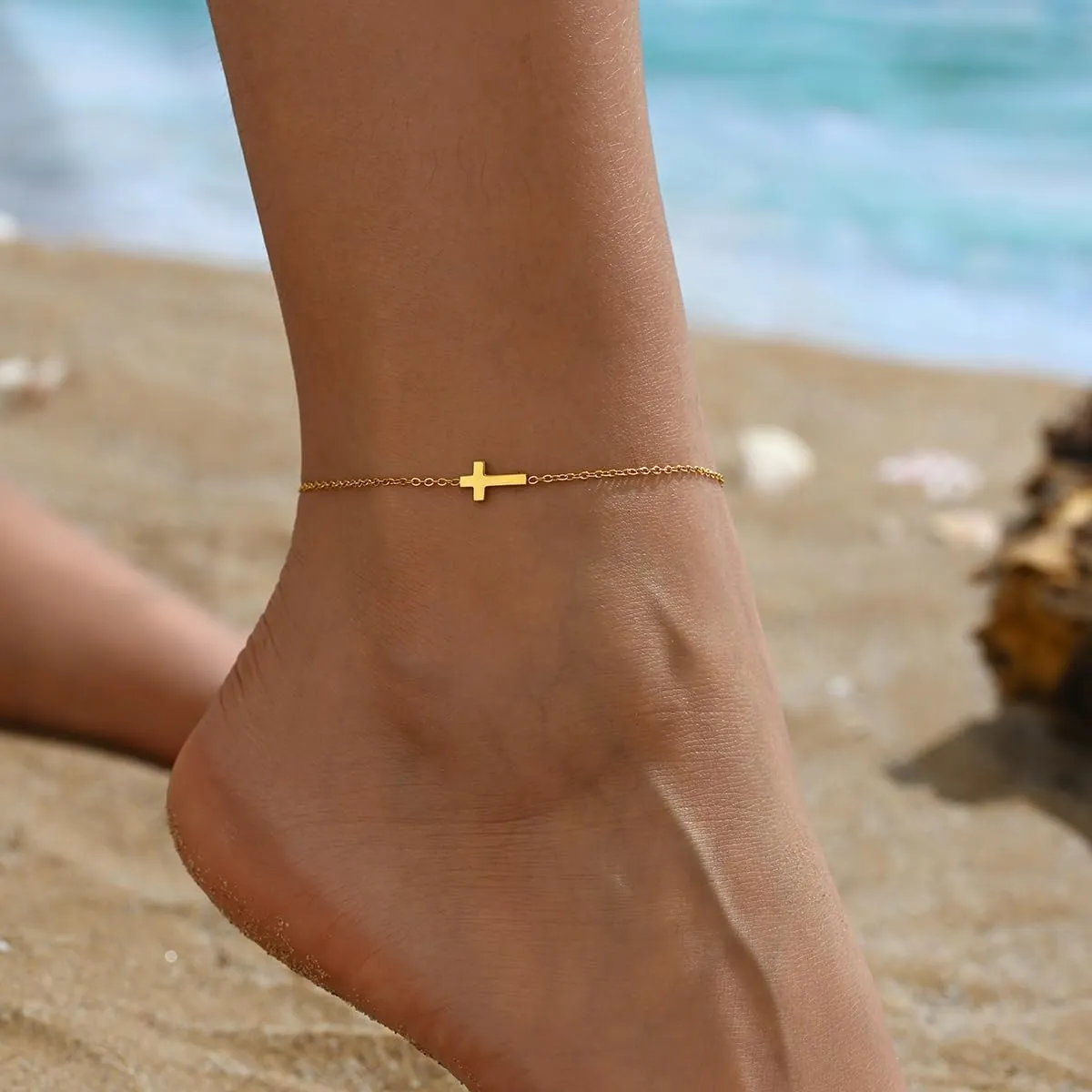 Dainty Ankle Bracelets for Women 18K Gold Plated Tiny Cross Satellite Chain Anklets Y Shaped CZ Ankle Bracelet Waterproof Minimalist Beach Foot Jewelry for Women