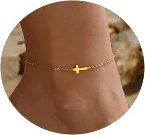 Dainty Ankle Bracelets for Women 18K Gold Plated Tiny Cross Satellite Chain Anklets Y Shaped CZ Ankle Bracelet Waterproof Minimalist Beach Foot Jewelry for Women