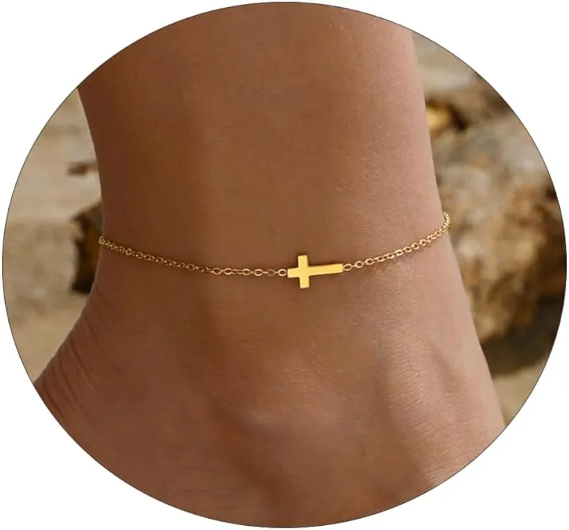Dainty Ankle Bracelets for Women 18K Gold Plated Tiny Cross Satellite Chain Anklets Y Shaped CZ Ankle Bracelet Waterproof Minimalist Beach Foot Jewelry for Women
