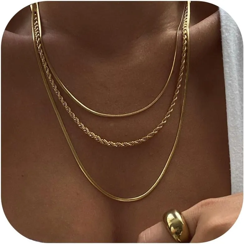 Dainty Gold Layered Necklaces for Women Trendy Stack Cuban Link Paperclip Chain Herringbone Jewelry Gift