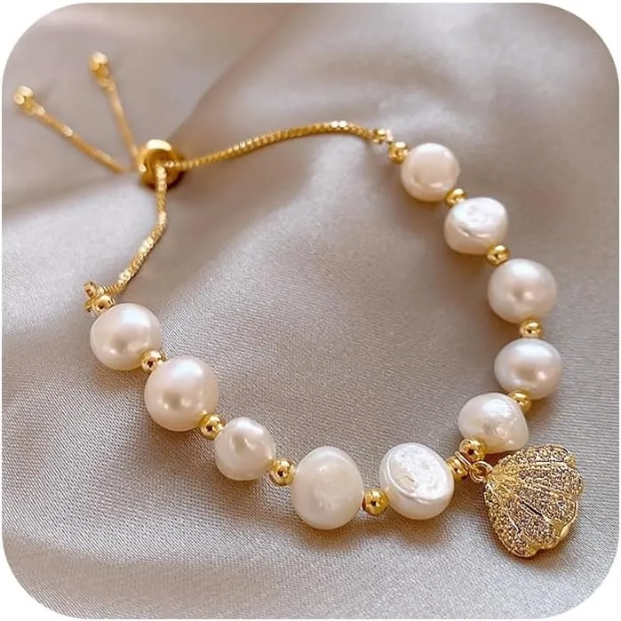 Dainty Gold Pearl Bracelet for Women - Adjustable Slide Chain Bracelet with Sea Shell Charms, Elegant Gold Jewelry Gift for Women
