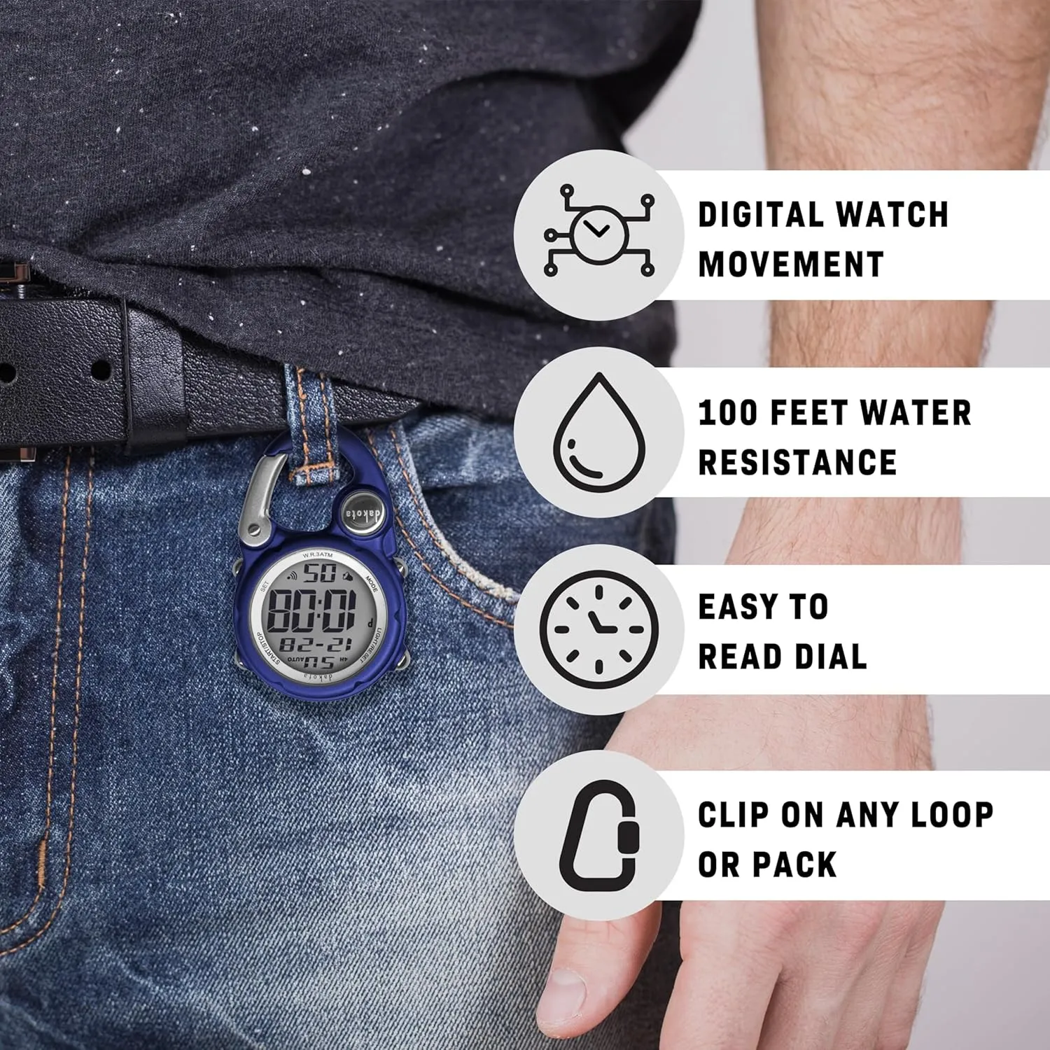 Dakota Digital Clip, Alarm, Stopwatch, Timer and Dual Time, Quality Pocket and Fob Watch, Premium Durability Outdoor Gifts for Men, Tactical Digital Clip on Watch