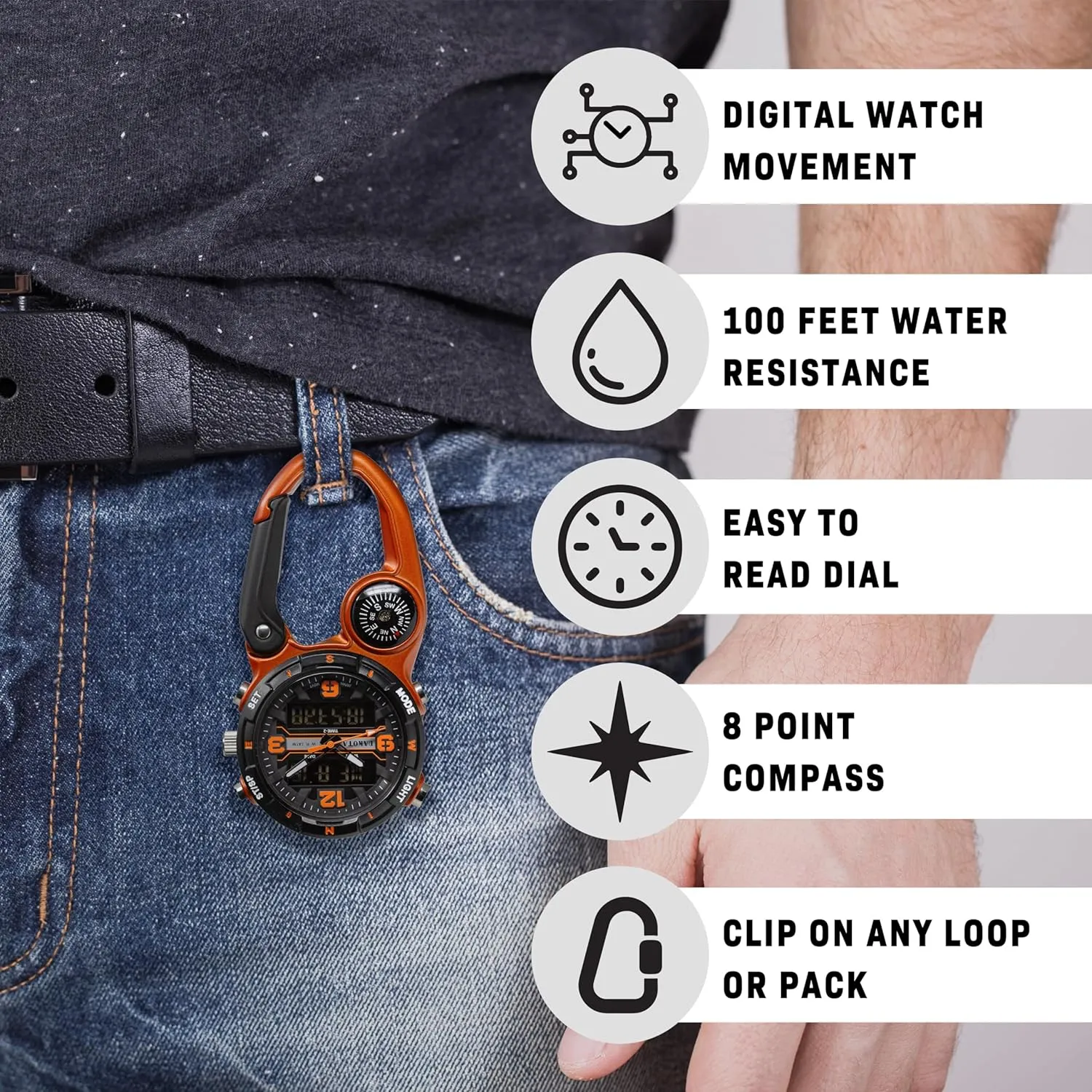 Dakota Digital Clip, Quality Pocket Watch, Fob Alarm, Stopwatch, Timer and Dual Time, Premium Durability Outdoor Gifts for Men, Use for Fishing Hunting, and More, Tactical Digital, Clip On Watch