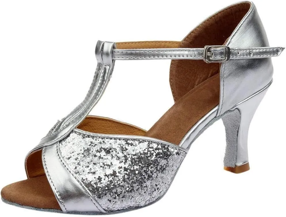 Dance Sandals Latin Ballroom Women's Prom Fashion Color Shoes Salsa Women's Sandals Rubber Sandals for Women with Fuzzy on Top (Gold, 6)