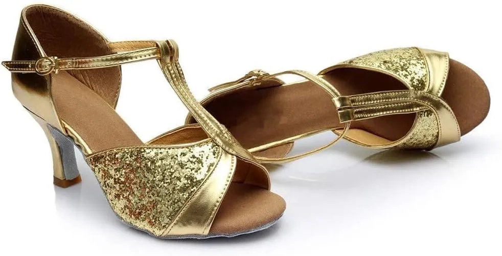 Dance Sandals Latin Ballroom Women's Prom Fashion Color Shoes Salsa Women's Sandals Rubber Sandals for Women with Fuzzy on Top (Gold, 6)