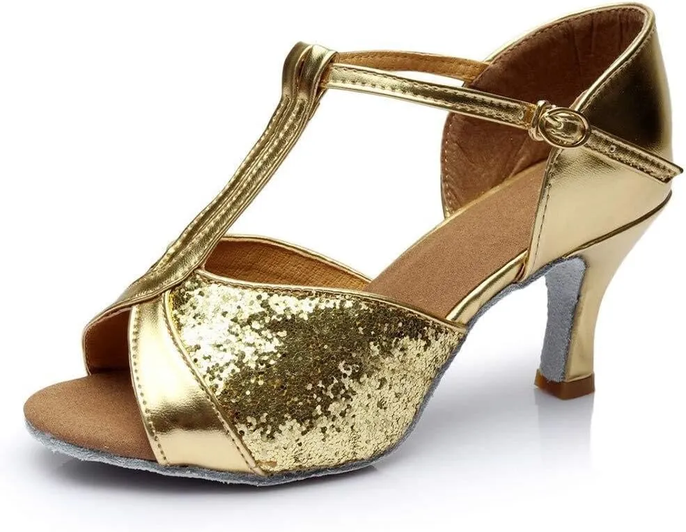 Dance Sandals Latin Ballroom Women's Prom Fashion Color Shoes Salsa Women's Sandals Rubber Sandals for Women with Fuzzy on Top (Gold, 6)