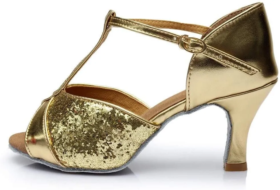 Dance Sandals Latin Ballroom Women's Prom Fashion Color Shoes Salsa Women's Sandals Rubber Sandals for Women with Fuzzy on Top (Gold, 6)