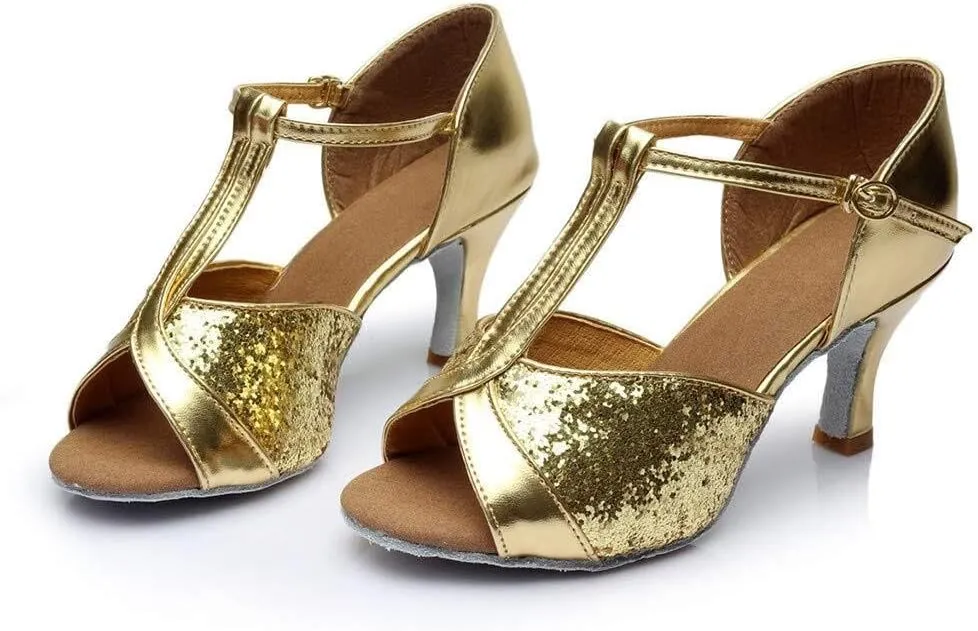 Dance Sandals Latin Ballroom Women's Prom Fashion Color Shoes Salsa Women's Sandals Rubber Sandals for Women with Fuzzy on Top (Gold, 6)