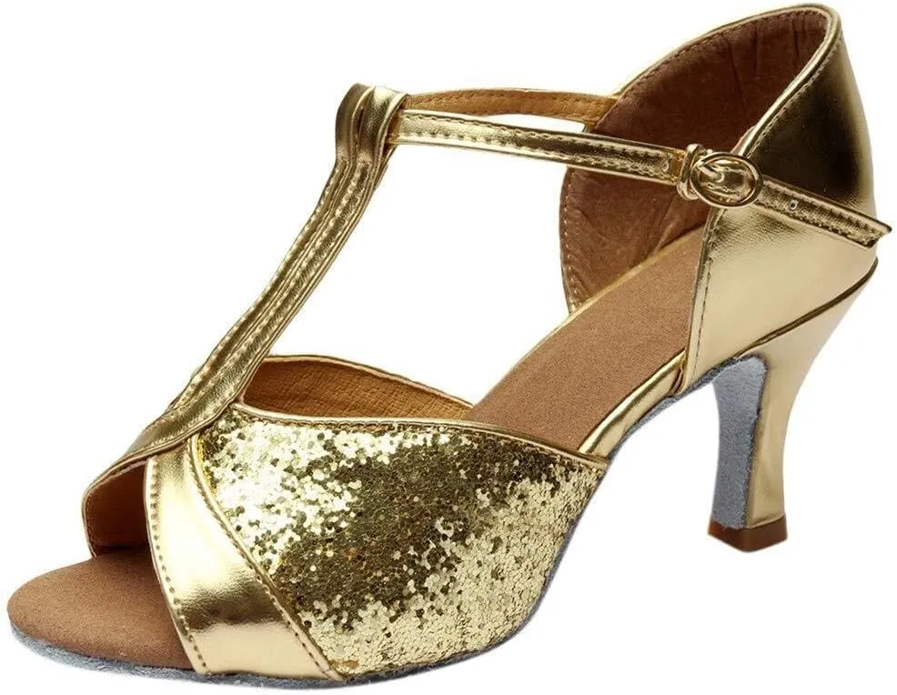 Dance Sandals Latin Ballroom Women's Prom Fashion Color Shoes Salsa Women's Sandals Rubber Sandals for Women with Fuzzy on Top (Gold, 6)