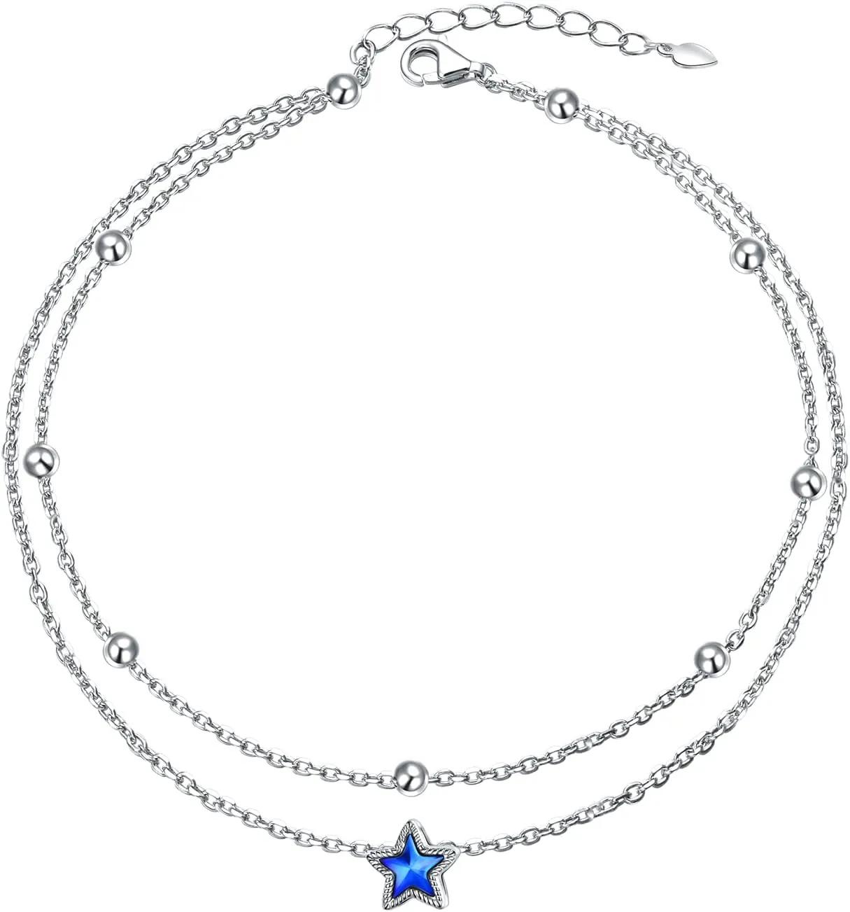 DAOCHONG Double Foot Chain Layer Ankle Bracelets for Women S925 Sterling Silver 3 Blue Stars Beads Chain Double Layer Anklet Beach Jewelry Anklet 9 1.5 inches