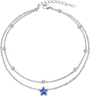 DAOCHONG Double Foot Chain Layer Ankle Bracelets for Women S925 Sterling Silver 3 Blue Stars Beads Chain Double Layer Anklet Beach Jewelry Anklet 9 1.5 inches
