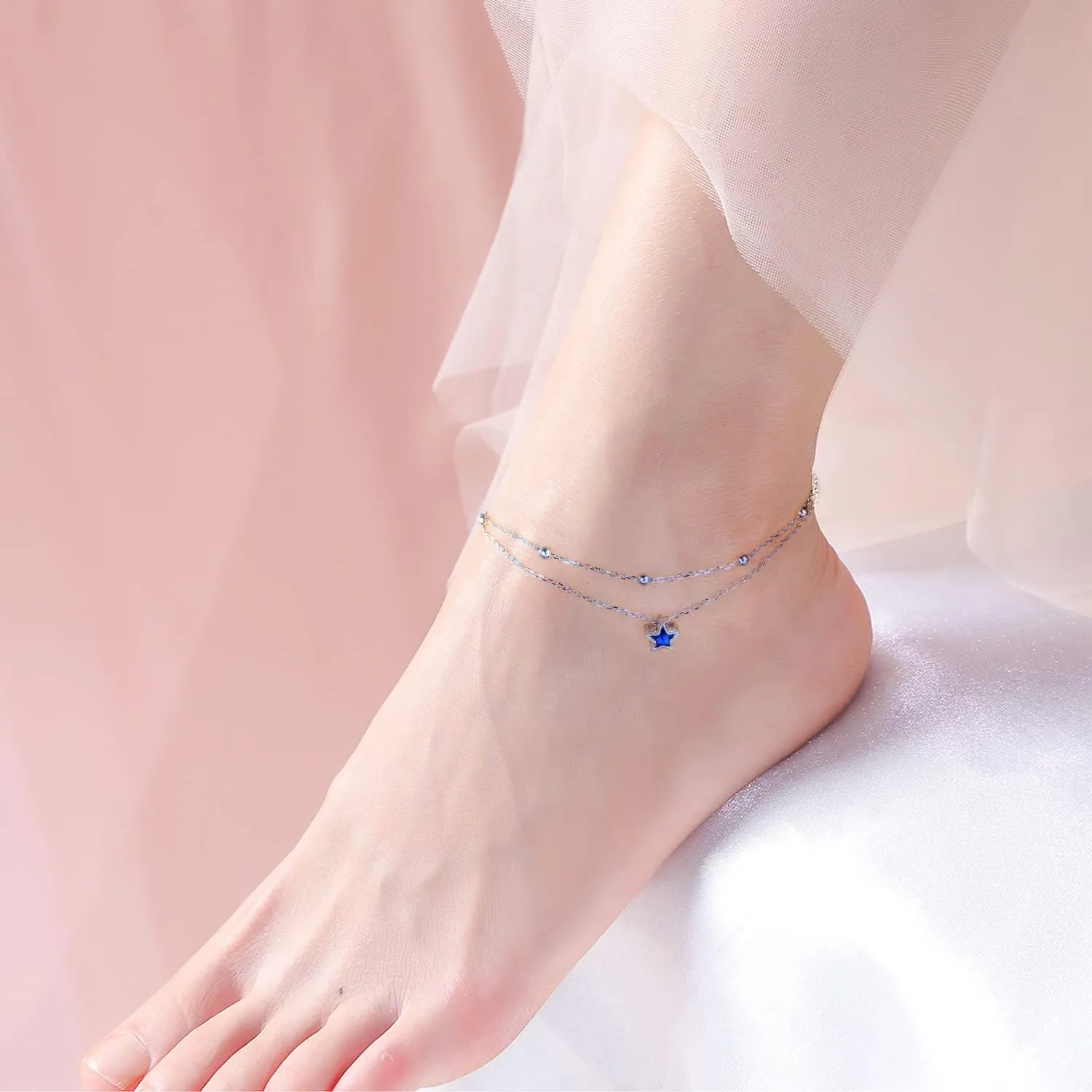 DAOCHONG Double Foot Chain Layer Ankle Bracelets for Women S925 Sterling Silver 3 Blue Stars Beads Chain Double Layer Anklet Beach Jewelry Anklet 9 1.5 inches