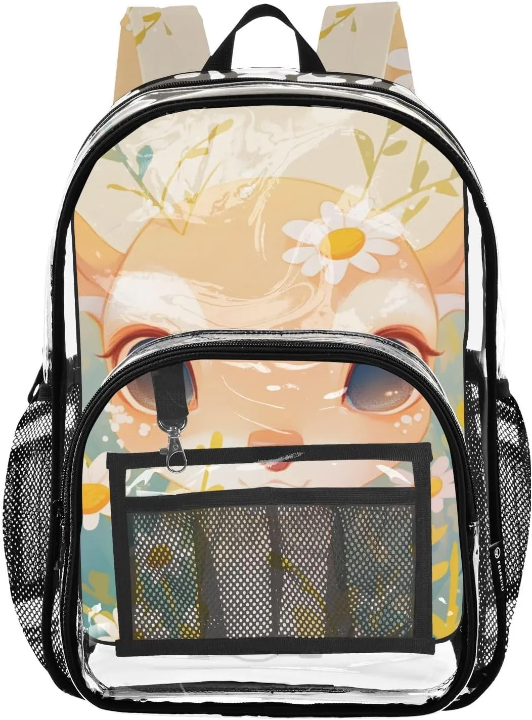 Deer and Flowers Clear Plastic Backpack - Transparent PVC Heavy Duty Bag with Large Main Pocket and Mesh Pockets - Ideal for School, Travel, Outings - Clear Backpack for Everyday Use