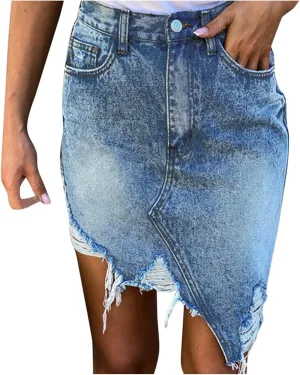 Denim Pencil Skirt Womens High Waisted Ripped Jeans Skirt Pocket Button Zipper Irregular Knee-Length Skirt,Light Blue,L