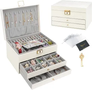 DesignSter Jewelry Box,Jewelry Organizer with 2 Drawers, 3 Layers Leather Jewelry Storage Box with Lock, Jewelry Storage Case for Necklaces Earrings Bracelets and RingsBeige