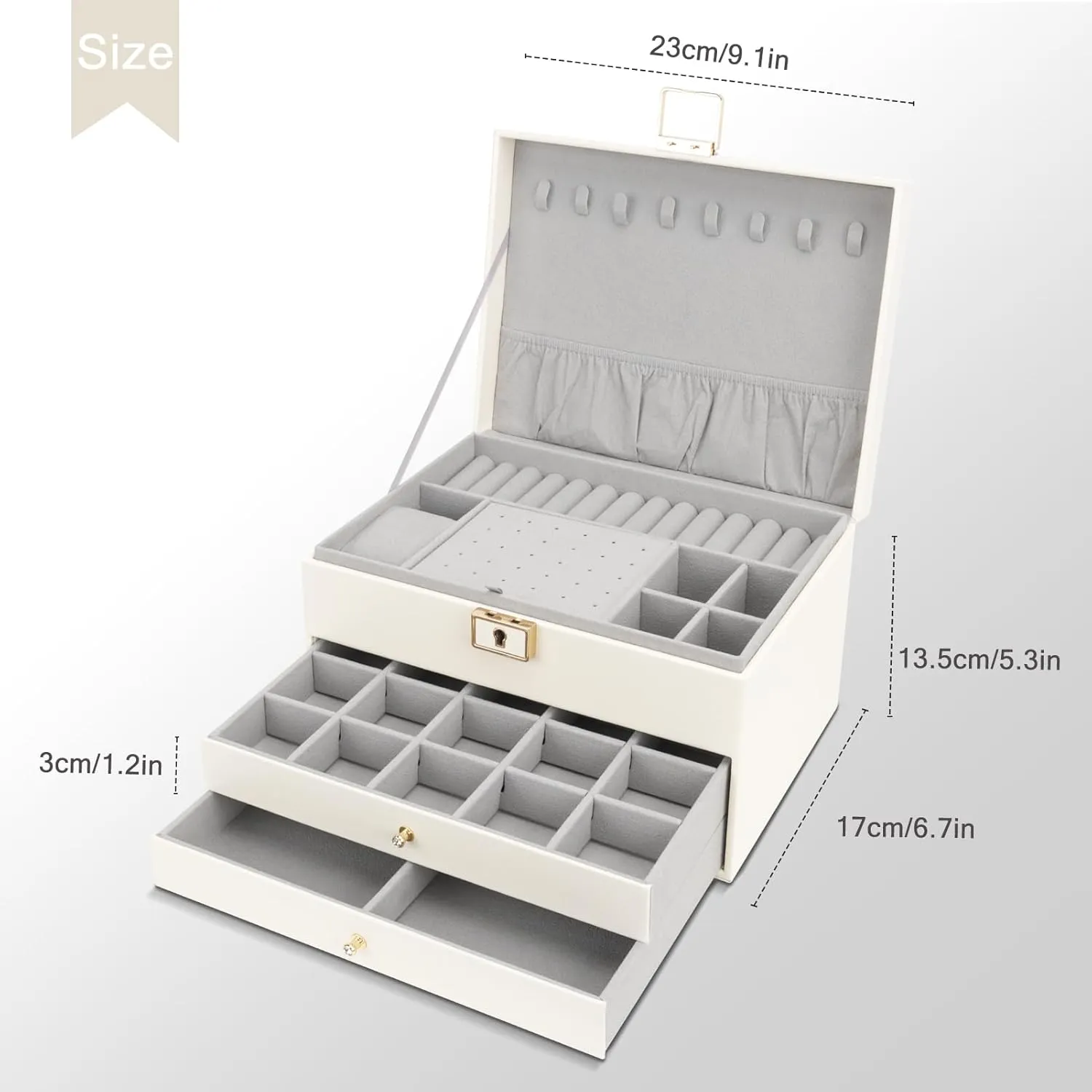 DesignSter Jewelry Box,Jewelry Organizer with 2 Drawers, 3 Layers Leather Jewelry Storage Box with Lock, Jewelry Storage Case for Necklaces Earrings Bracelets and RingsBeige