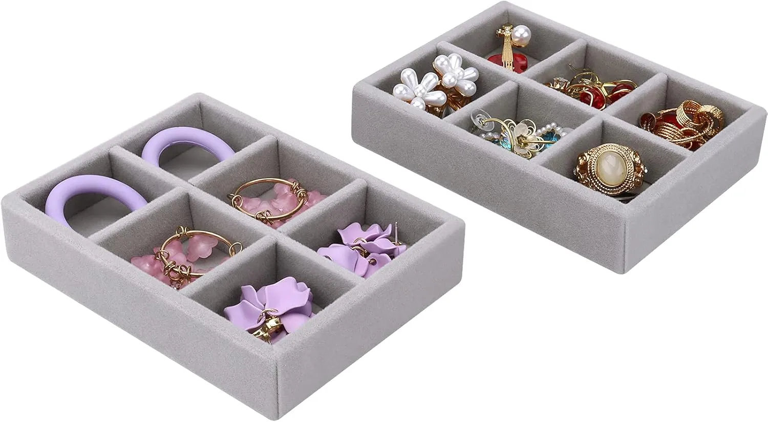 DesignSter Small Jewelry Tray, 2PCS Ring Organizer, Velvet Jewelry Display Tray, Stackable Jewelry Organizer Trays, Jewelry Drawer Organizer Inserts For Dresser, Jewelry Box (Gray)