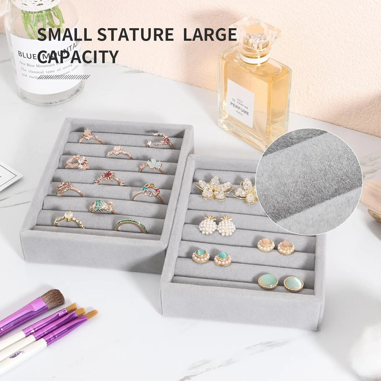 DesignSter Small Jewelry Tray, 2PCS Ring Organizer, Velvet Jewelry Display Tray, Stackable Jewelry Organizer Trays, Jewelry Drawer Organizer Inserts For Dresser, Jewelry Box (Gray)