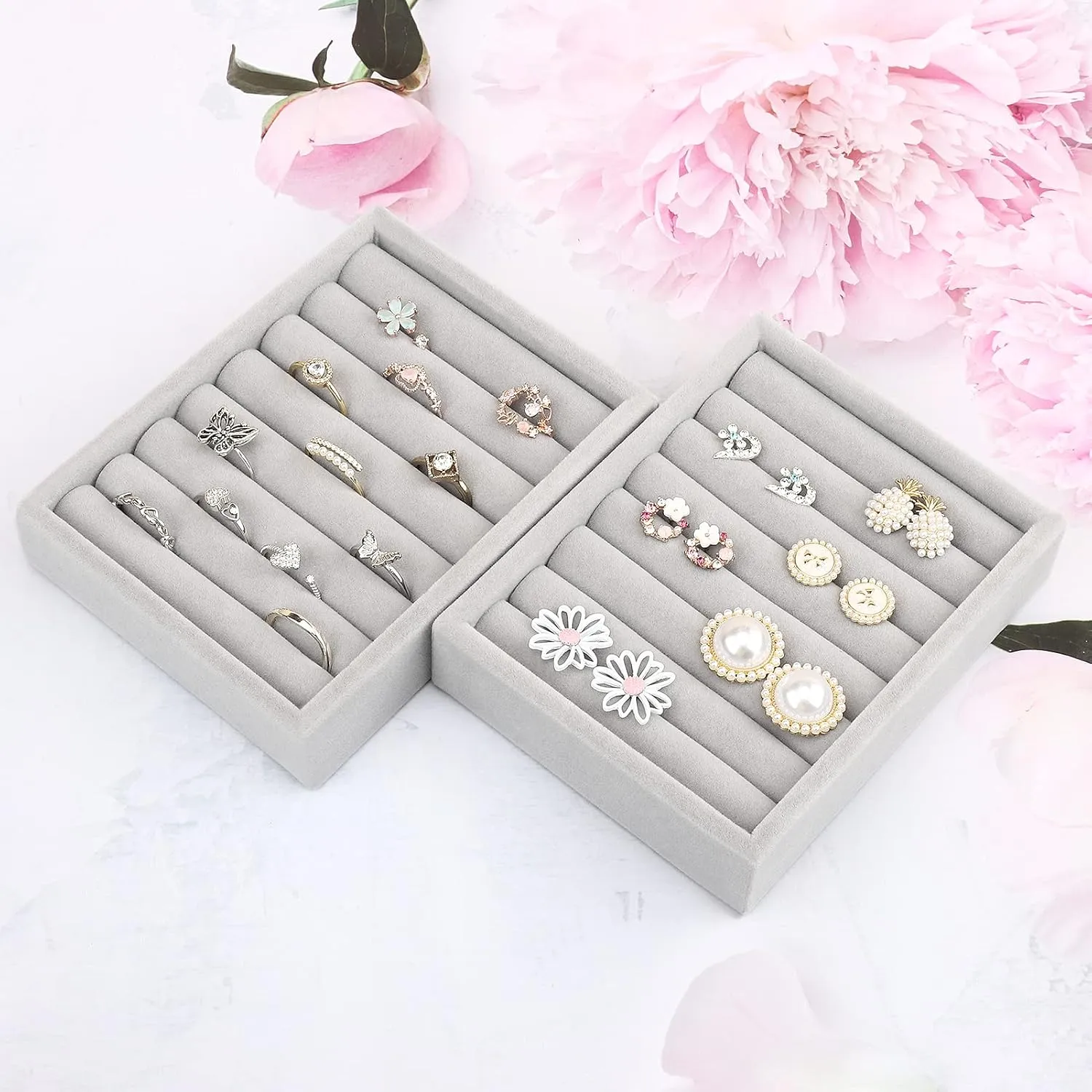 DesignSter Small Jewelry Tray, 2PCS Ring Organizer, Velvet Jewelry Display Tray, Stackable Jewelry Organizer Trays, Jewelry Drawer Organizer Inserts For Dresser, Jewelry Box (Gray)