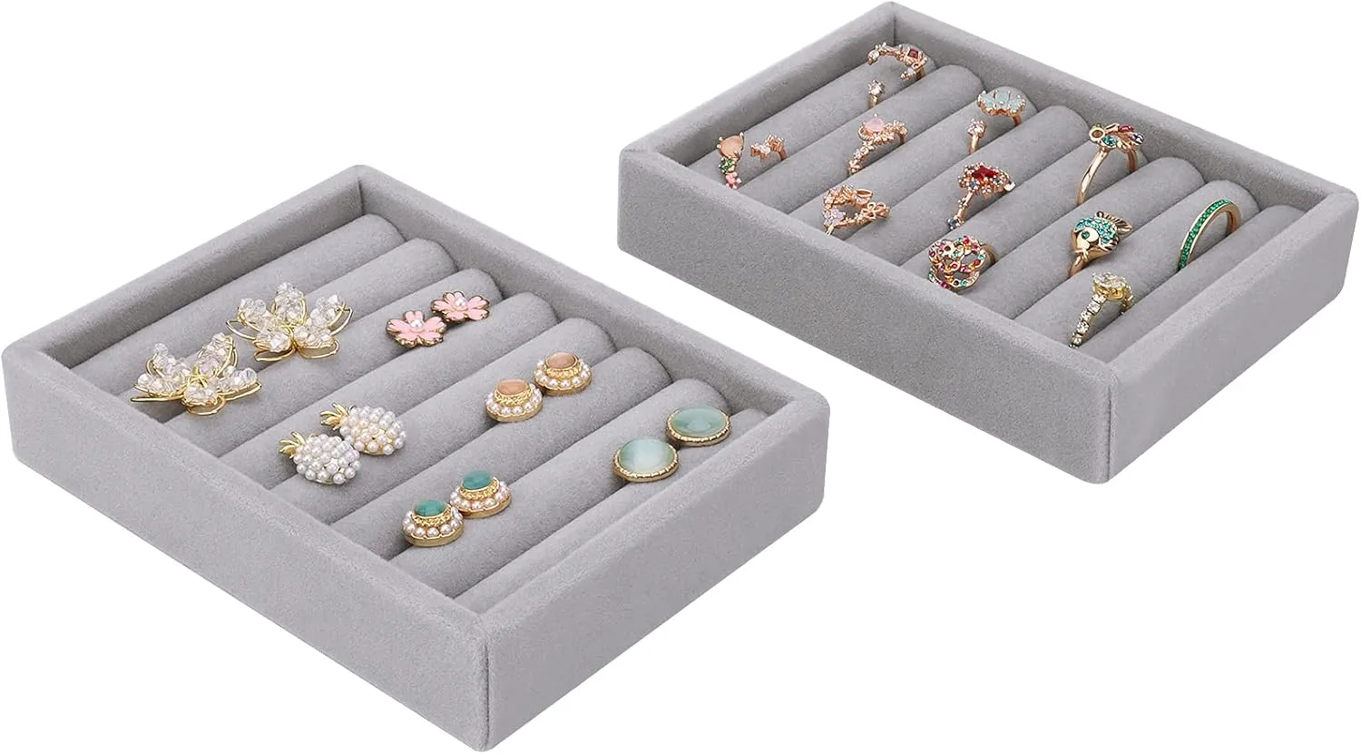 DesignSter Small Jewelry Tray, 2PCS Ring Organizer, Velvet Jewelry Display Tray, Stackable Jewelry Organizer Trays, Jewelry Drawer Organizer Inserts For Dresser, Jewelry Box (Gray)
