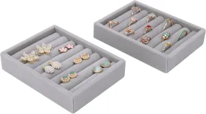 DesignSter Small Jewelry Tray, 2PCS Ring Organizer, Velvet Jewelry Display Tray, Stackable Jewelry Organizer Trays, Jewelry Drawer Organizer Inserts For Dresser, Jewelry Box (Gray)