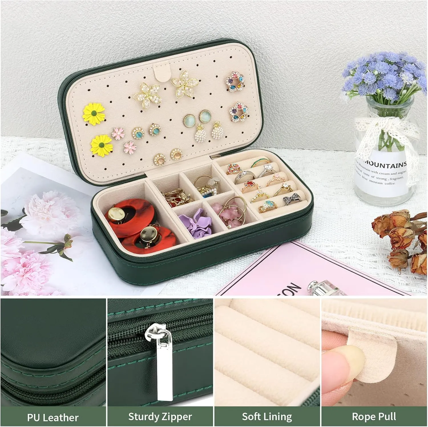 DesignSter Travel Jewelry Box, PU Leather Portable Jewelry Case, Small Jewelry Boxes for Gifts, Travel Jewelry Organizer for Women Rings Earrings Necklaces Bracelets (Dark Green)