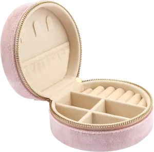 DesignSter Travel Jewelry Box - Velvet Mini Jewelry Organizer, Small Jewelry Case for Girls Women, Jewelry Storage Box for Rings Earrings Necklace (Circular, Lotus Pink)
