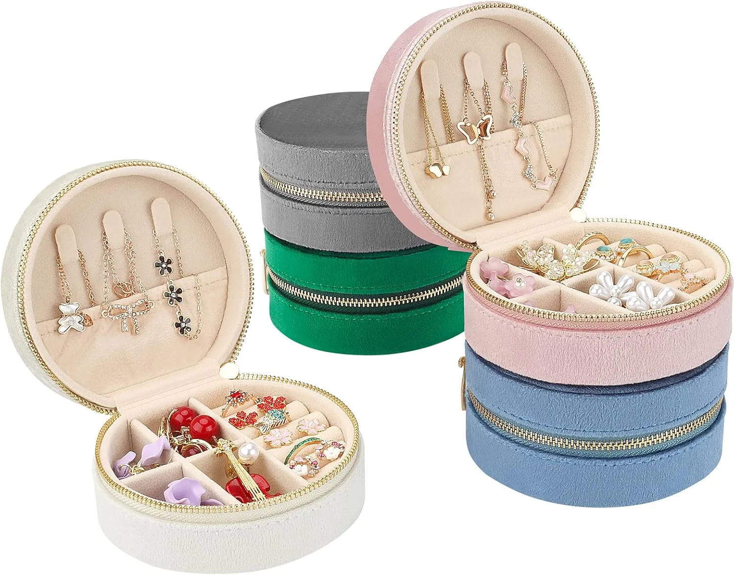 DesignSter Travel Jewelry Box - Velvet Mini Jewelry Organizer, Small Jewelry Case for Girls Women, Jewelry Storage Box for Rings Earrings Necklace (Circular, Lotus Pink)