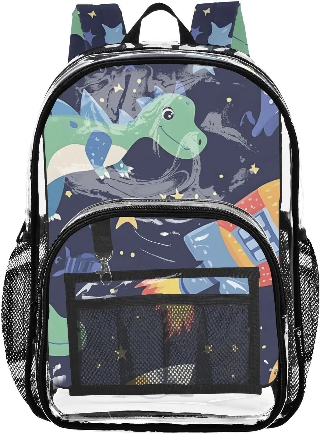 Dinosaur Space Odyssey Clear Plastic Backpack - Transparent PVC Heavy Duty Bag with Large Main Pocket and Mesh Pockets - Ideal for School, Travel, Outings - Clear Backpack for Everyday Use