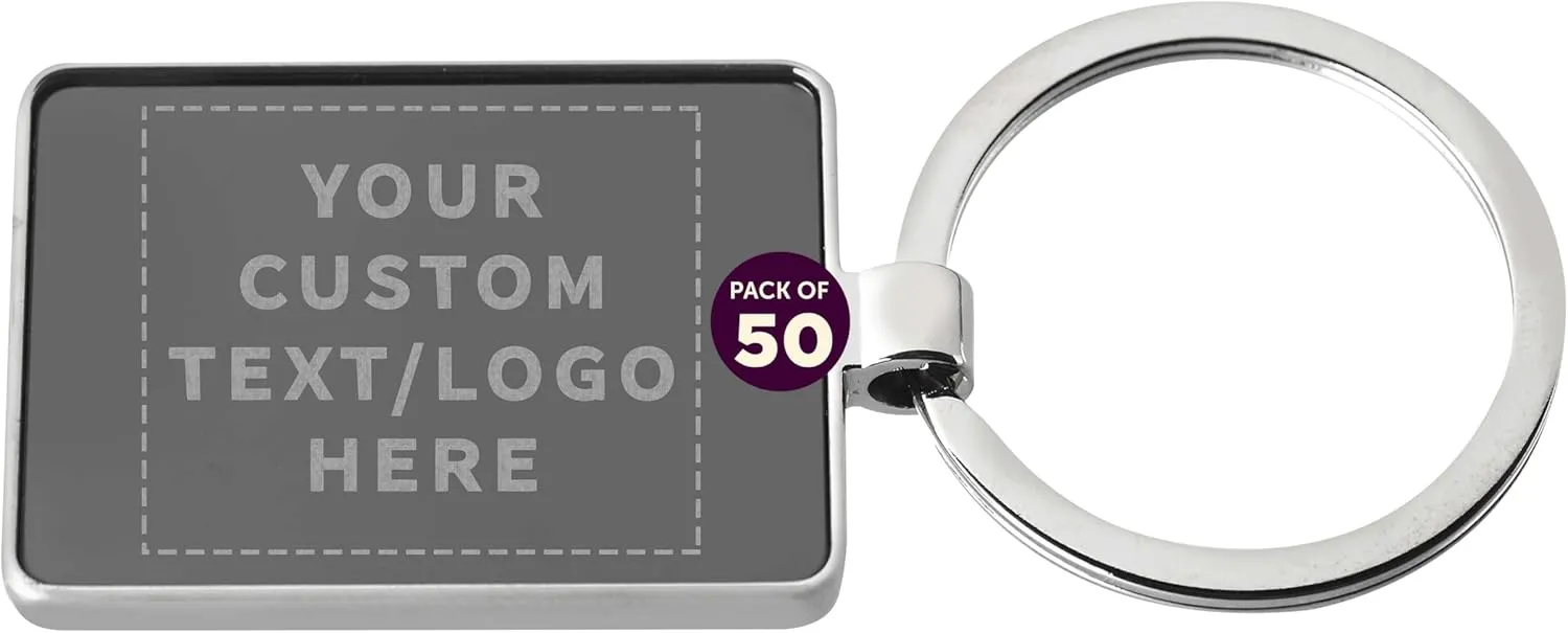 DISCOUNT PROMOS Custom Two Tone Rectangular Metal Keychains Set of 50 - Laser Engraved Text, Logo - Key Ring - Black