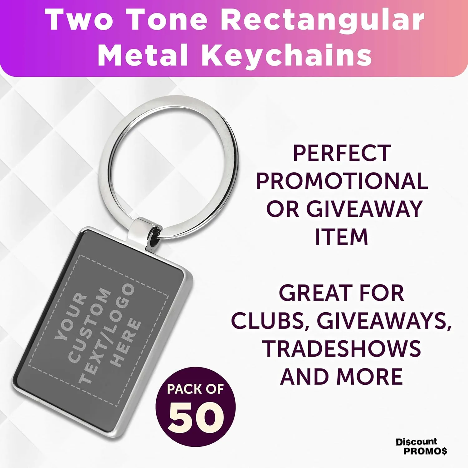 DISCOUNT PROMOS Custom Two Tone Rectangular Metal Keychains Set of 50 - Laser Engraved Text, Logo - Key Ring - Black