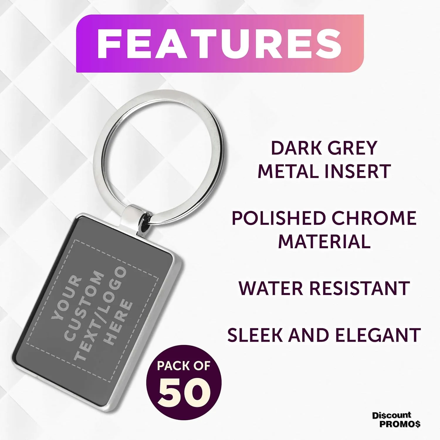 DISCOUNT PROMOS Custom Two Tone Rectangular Metal Keychains Set of 50 - Laser Engraved Text, Logo - Key Ring - Black