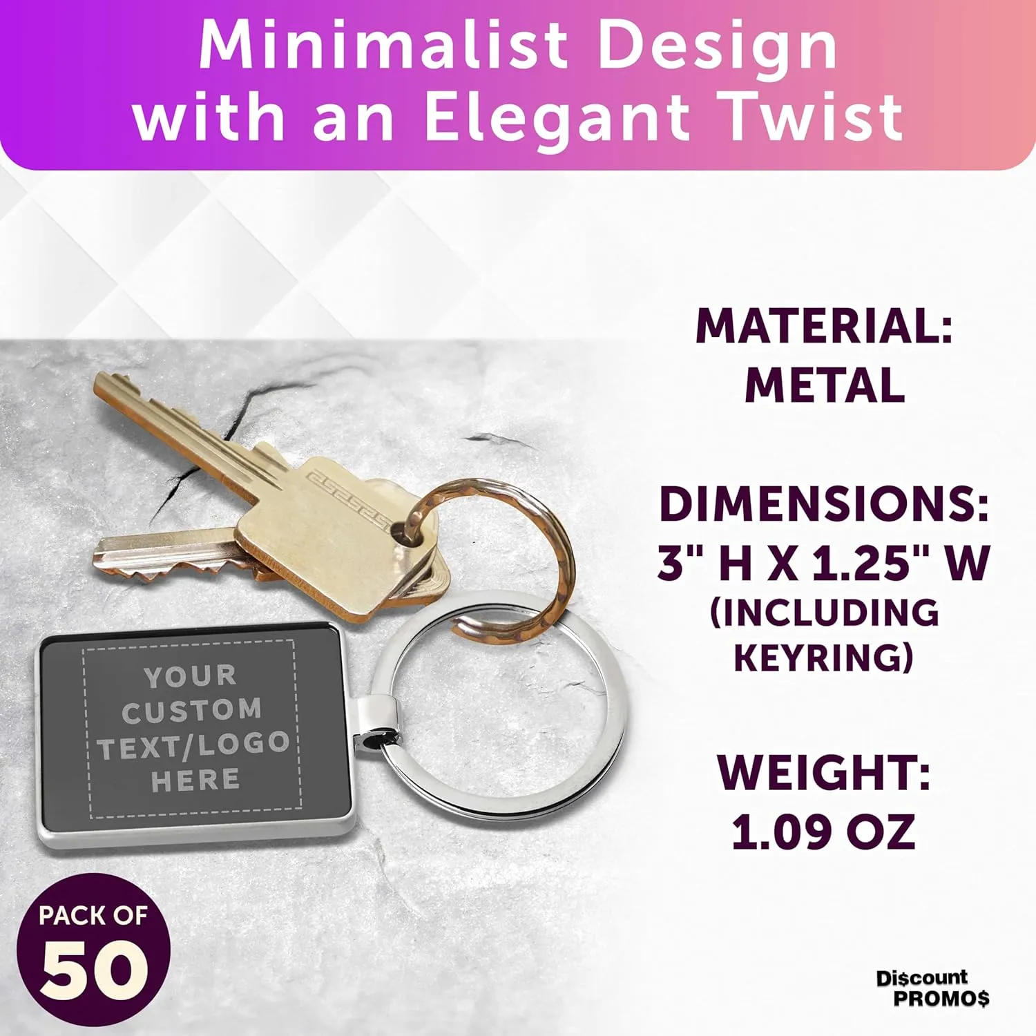 DISCOUNT PROMOS Custom Two Tone Rectangular Metal Keychains Set of 50 - Laser Engraved Text, Logo - Key Ring - Black