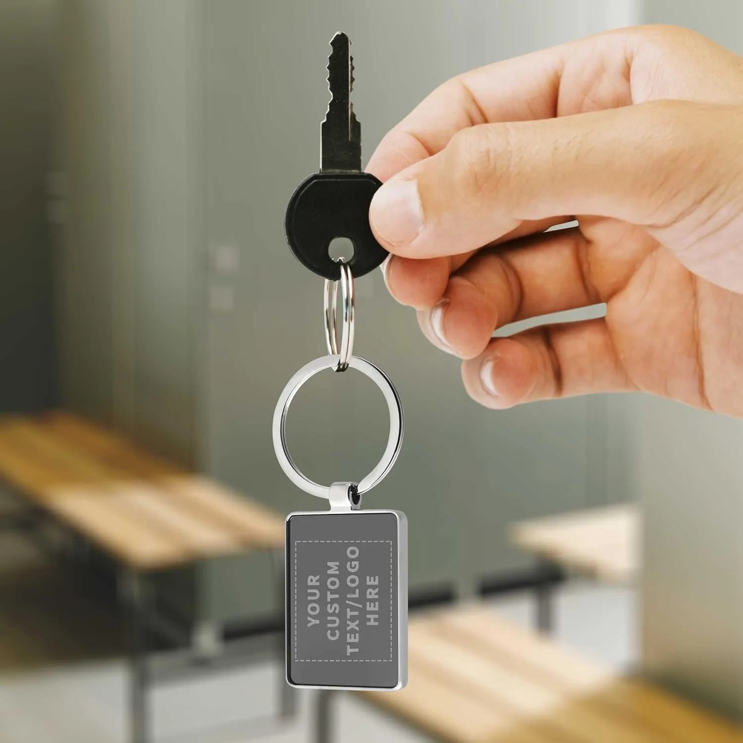 DISCOUNT PROMOS Custom Two Tone Rectangular Metal Keychains Set of 50 - Laser Engraved Text, Logo - Key Ring - Black