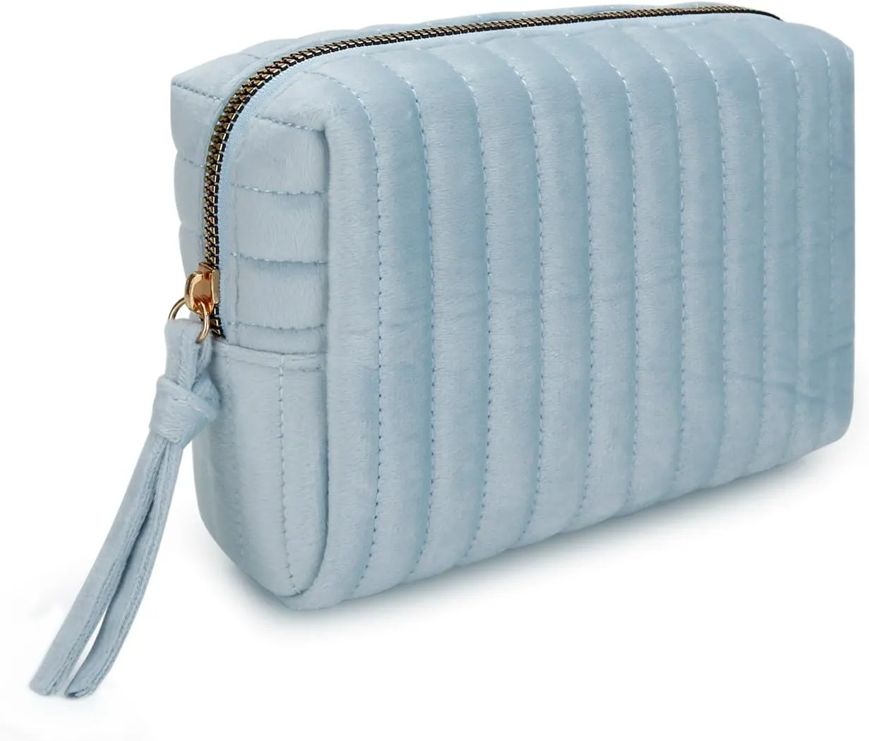 DOB SECHS Small Velvet Makeup Bag Cosmetic Pouch for Women, Mini Toiletry Bag with Metal Zipper, Travel Makeup Essentials Organizer Pouches, Light Blue
