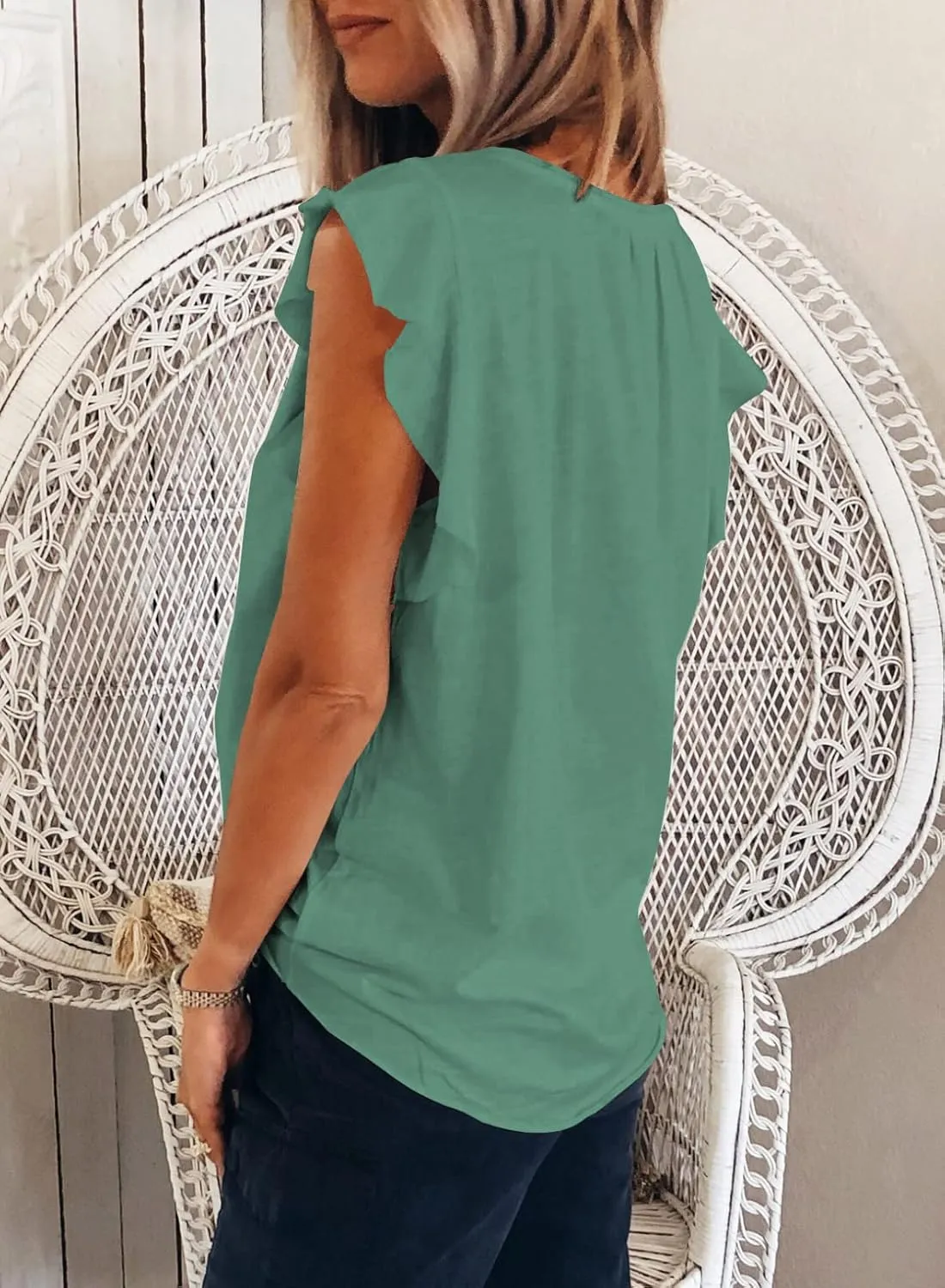 Dokotoo Women's Casual V Neck Ruffle Sleeve Summer Tank Tops Shirts